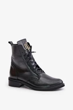 Botki Sznurowane|Botki Płaskie></noscript>Zazoo 2955 Lakierowane Botki Workery Ze Złotym Detalem Na Języku Czarne Czarny