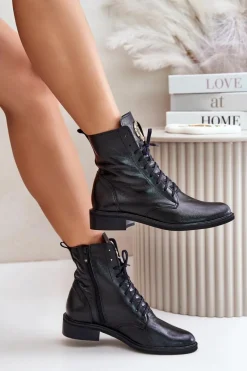 Botki Sznurowane|Botki Płaskie></noscript>Zazoo 2955 Lakierowane Botki Workery Ze Złotym Detalem Na Języku Czarne Czarny