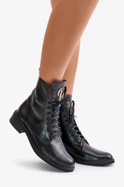 Botki Sznurowane|Botki Płaskie></noscript>Zazoo 2955 Lakierowane Botki Workery Ze Złotym Detalem Na Języku Czarne Czarny