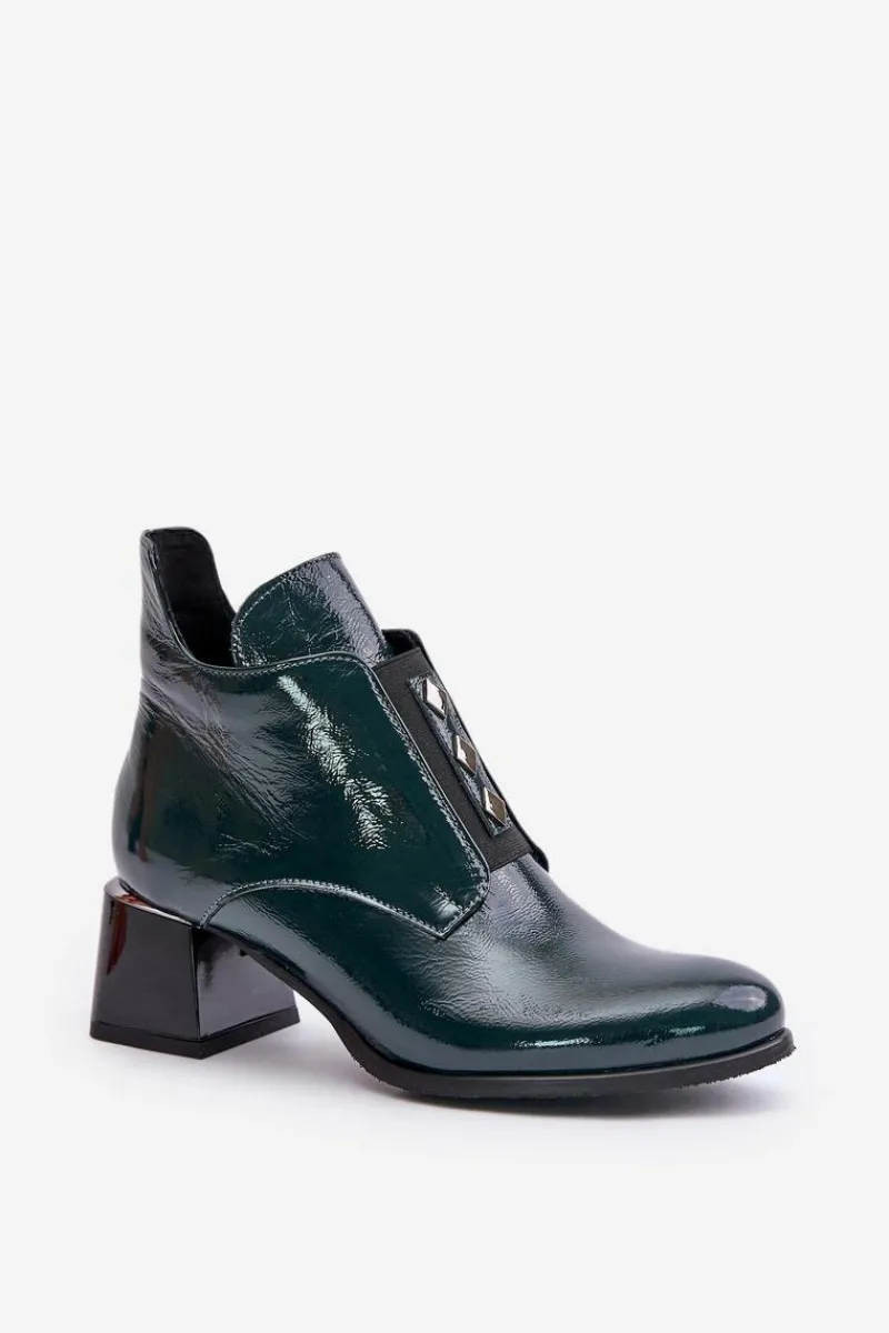 Best 60504 Lakierowane Botki Na Klocku Ocieplane Ciemnozielone Damskie Botki Zimowe Damskie|Botki Na Obcasie