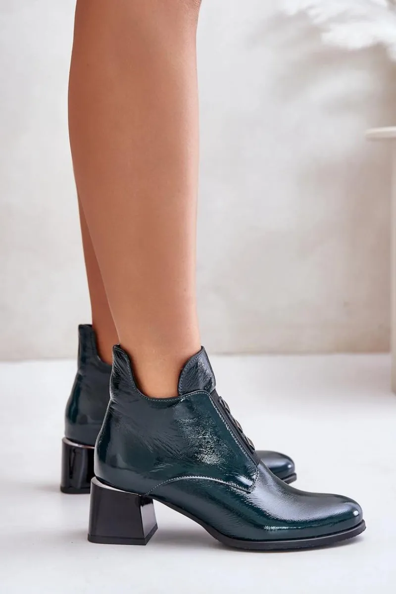 Best 60504 Lakierowane Botki Na Klocku Ocieplane Ciemnozielone Damskie Botki Zimowe Damskie|Botki Na Obcasie