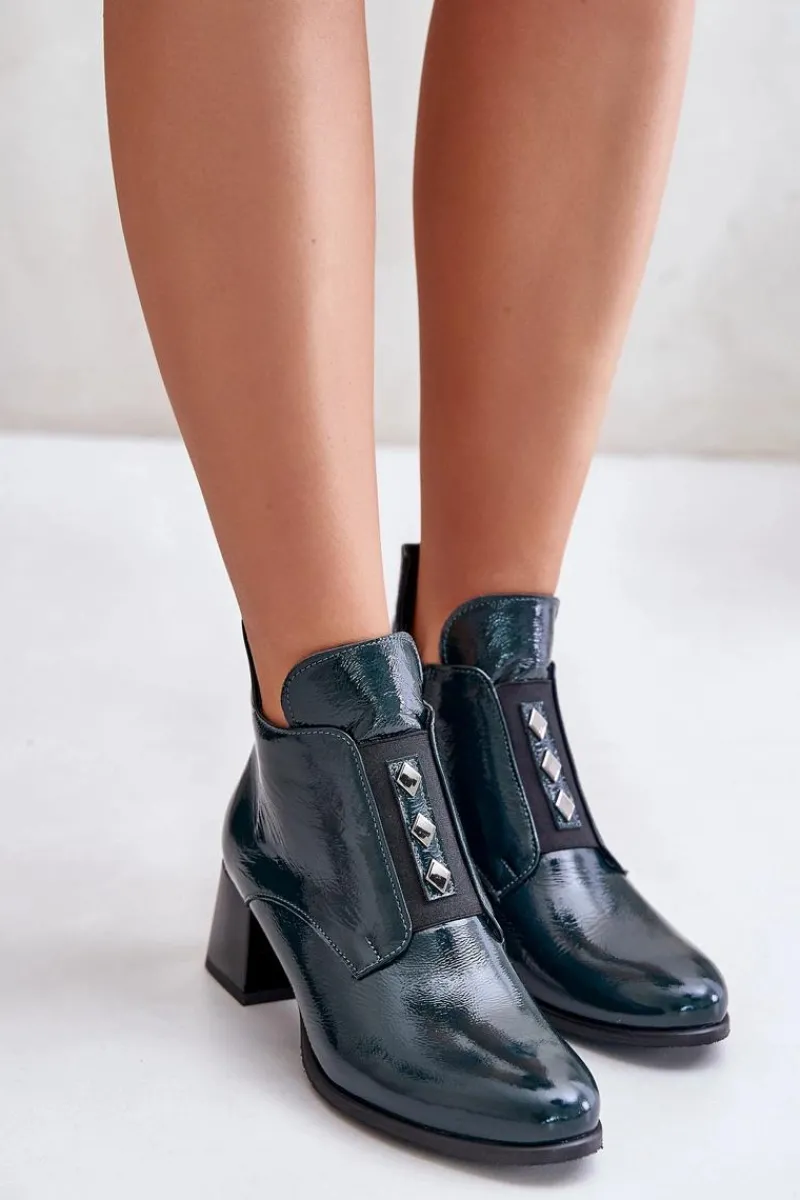 Best 60504 Lakierowane Botki Na Klocku Ocieplane Ciemnozielone Damskie Botki Zimowe Damskie|Botki Na Obcasie