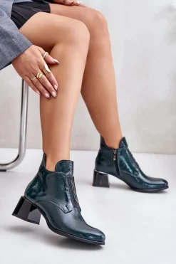 Best 60504 Lakierowane Botki Na Klocku Ocieplane Ciemnozielone Damskie Botki Zimowe Damskie|Botki Na Obcasie