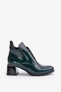 Best 60504 Lakierowane Botki Na Klocku Ocieplane Ciemnozielone Damskie Botki Zimowe Damskie|Botki Na Obcasie