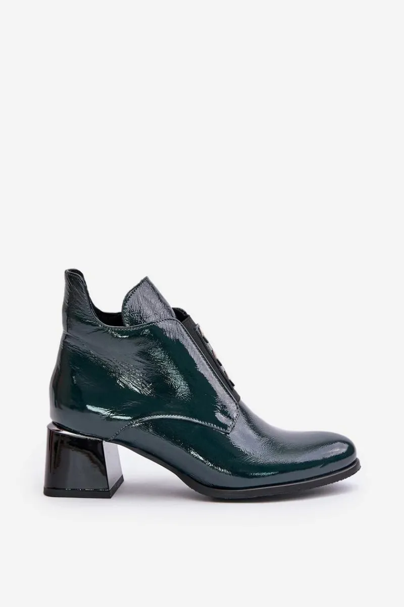 Best 60504 Lakierowane Botki Na Klocku Ocieplane Ciemnozielone Damskie Botki Zimowe Damskie|Botki Na Obcasie