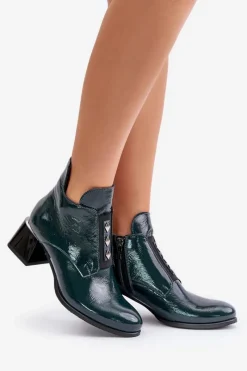 Best 60504 Lakierowane Botki Na Klocku Ocieplane Ciemnozielone Damskie Botki Zimowe Damskie|Botki Na Obcasie
