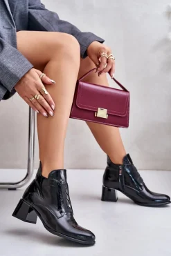 Botki Zimowe Damskie|Botki Na Obcasie>Zazoo 60504 Lakierowane Botki Na Klocku Ocieplane Czarne