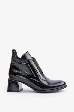 Botki Zimowe Damskie|Botki Na Obcasie></noscript>Zazoo 60504 Lakierowane Botki Na Klocku Ocieplane Czarne