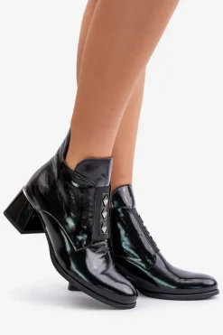 Botki Zimowe Damskie|Botki Na Obcasie></noscript>Zazoo 60504 Lakierowane Botki Na Klocku Ocieplane Czarne