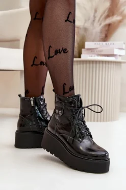 Best Zazoo 60499 Lakierowane Damskie Botki Na Platformie I Koturnie Ocieplane Skóra Naturalna Ciemnozielone