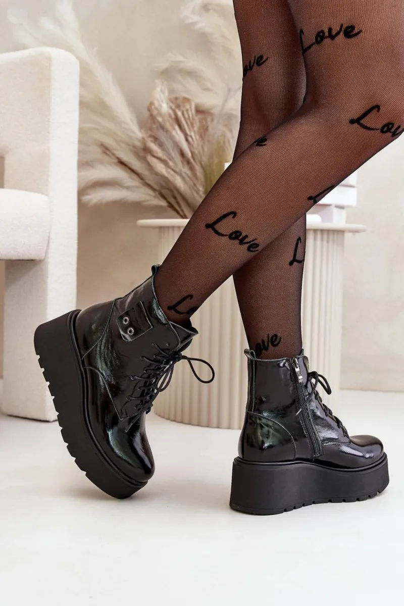 Best Zazoo 60499 Lakierowane Damskie Botki Na Platformie I Koturnie Ocieplane Skóra Naturalna Ciemnozielone