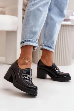 Discount Zazoo 20175 Lakierowane Półbuty Damskie Na Słupku Skóra Naturalna Czarne Czarny