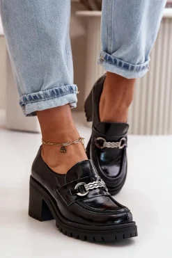 Discount Zazoo 20175 Lakierowane Półbuty Damskie Na Słupku Skóra Naturalna Czarne Czarny