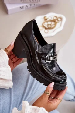 Discount Zazoo 20175 Lakierowane Półbuty Damskie Na Słupku Skóra Naturalna Czarne Czarny