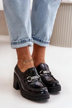 Discount Zazoo 20175 Lakierowane Półbuty Damskie Na Słupku Skóra Naturalna Czarne Czarny