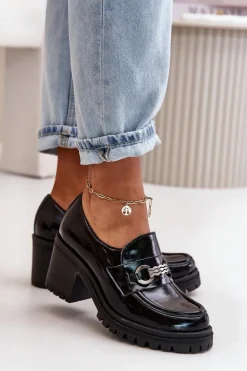 Discount Zazoo 20175 Lakierowane Półbuty Damskie Na Słupku Skóra Naturalna Czarne Czarny