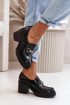 Discount Zazoo 20175 Lakierowane Półbuty Damskie Na Słupku Skóra Naturalna Czarne Czarny