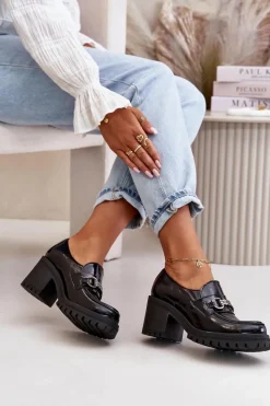 Discount Zazoo 20175 Lakierowane Półbuty Damskie Na Słupku Skóra Naturalna Czarne Czarny