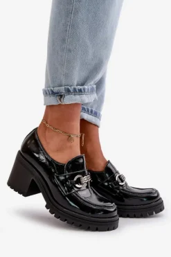 Discount Zazoo 20175 Lakierowane Półbuty Damskie Na Słupku Skóra Naturalna Czarne Czarny