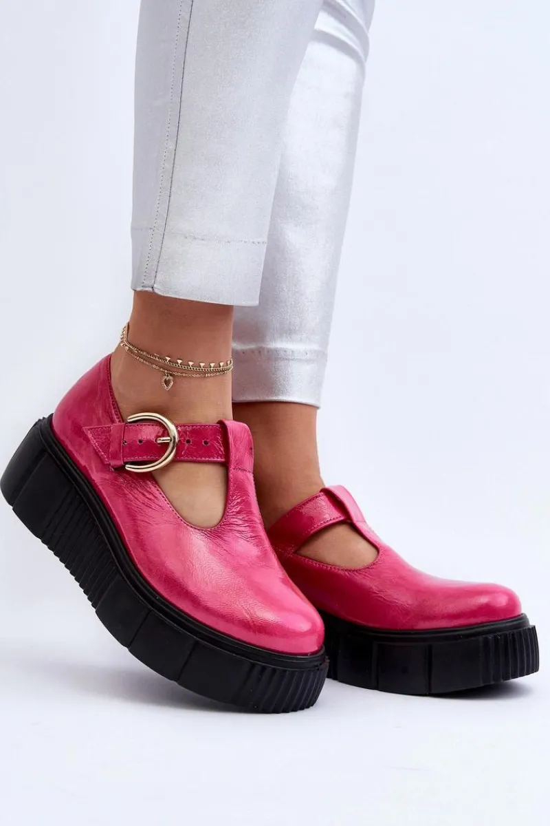 New Zazoo 20102 Modne Lakierowane Półbuty Na Masywnej Platformie Fuksja