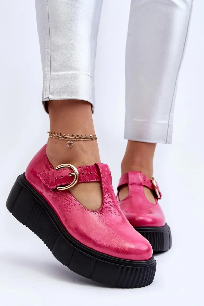 New Zazoo 20102 Modne Lakierowane Półbuty Na Masywnej Platformie Fuksja
