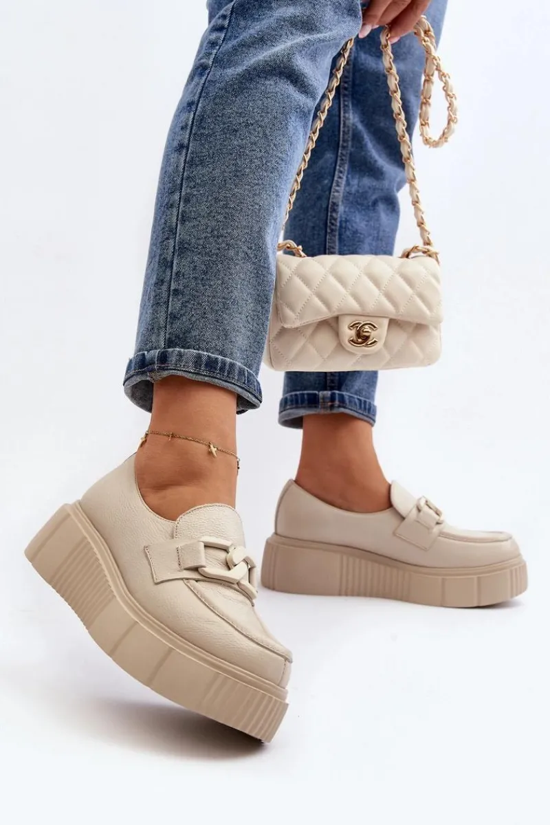 Półbuty Skórzane|Mokasyny Na Platformie>Zazoo 20101 Modne Skórzane Półbuty Na Platformie Jasnobeżowe