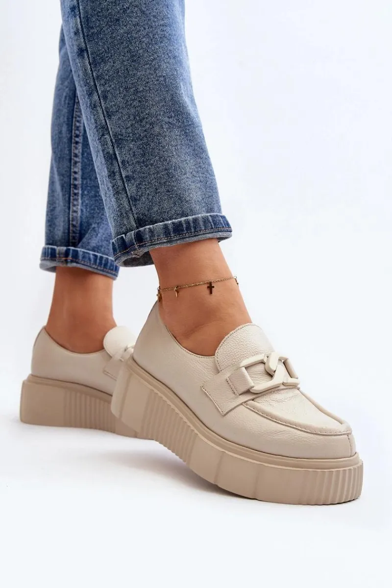 Półbuty Skórzane|Mokasyny Na Platformie>Zazoo 20101 Modne Skórzane Półbuty Na Platformie Jasnobeżowe