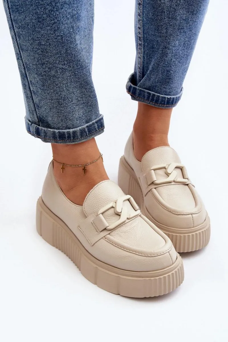 Półbuty Skórzane|Mokasyny Na Platformie>Zazoo 20101 Modne Skórzane Półbuty Na Platformie Jasnobeżowe