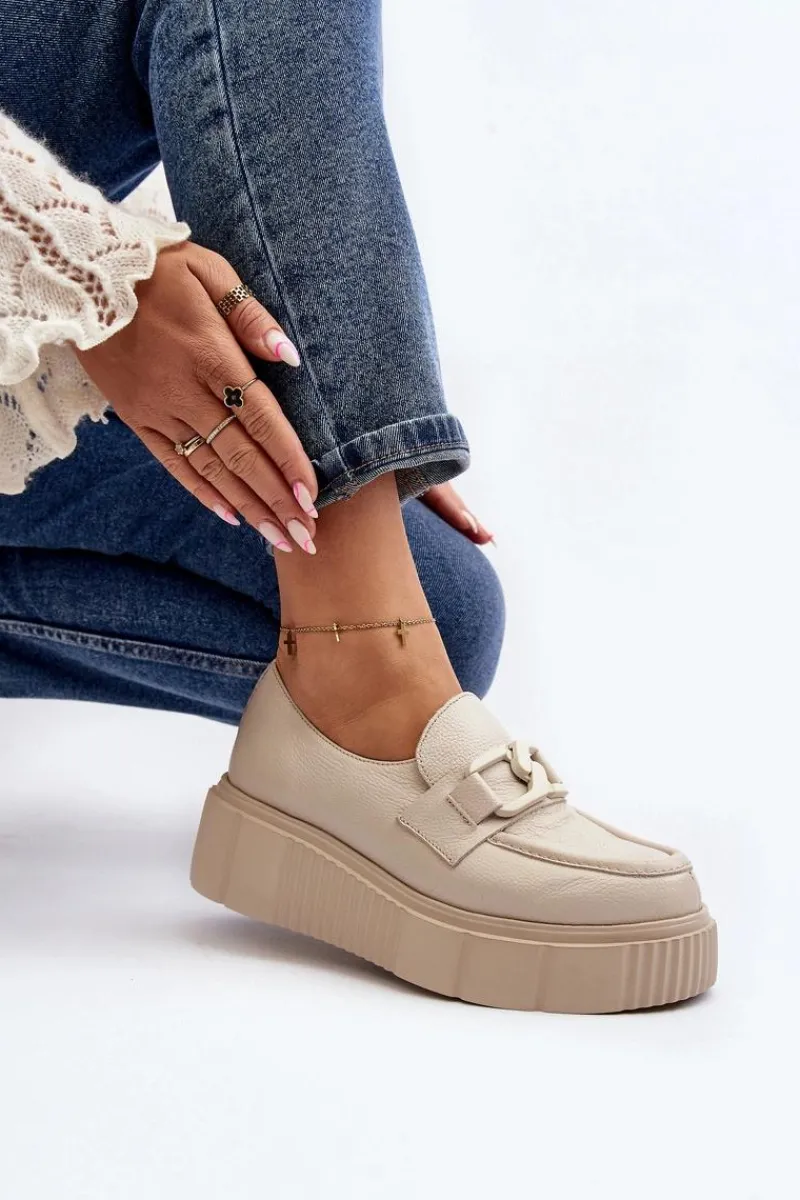 Półbuty Skórzane|Mokasyny Na Platformie>Zazoo 20101 Modne Skórzane Półbuty Na Platformie Jasnobeżowe