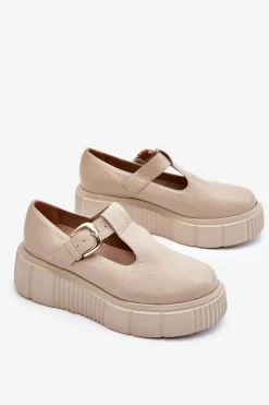 Sale Zazoo 20102 Modne Skórzane Półbuty Na Masywnej Platformie Beżowe