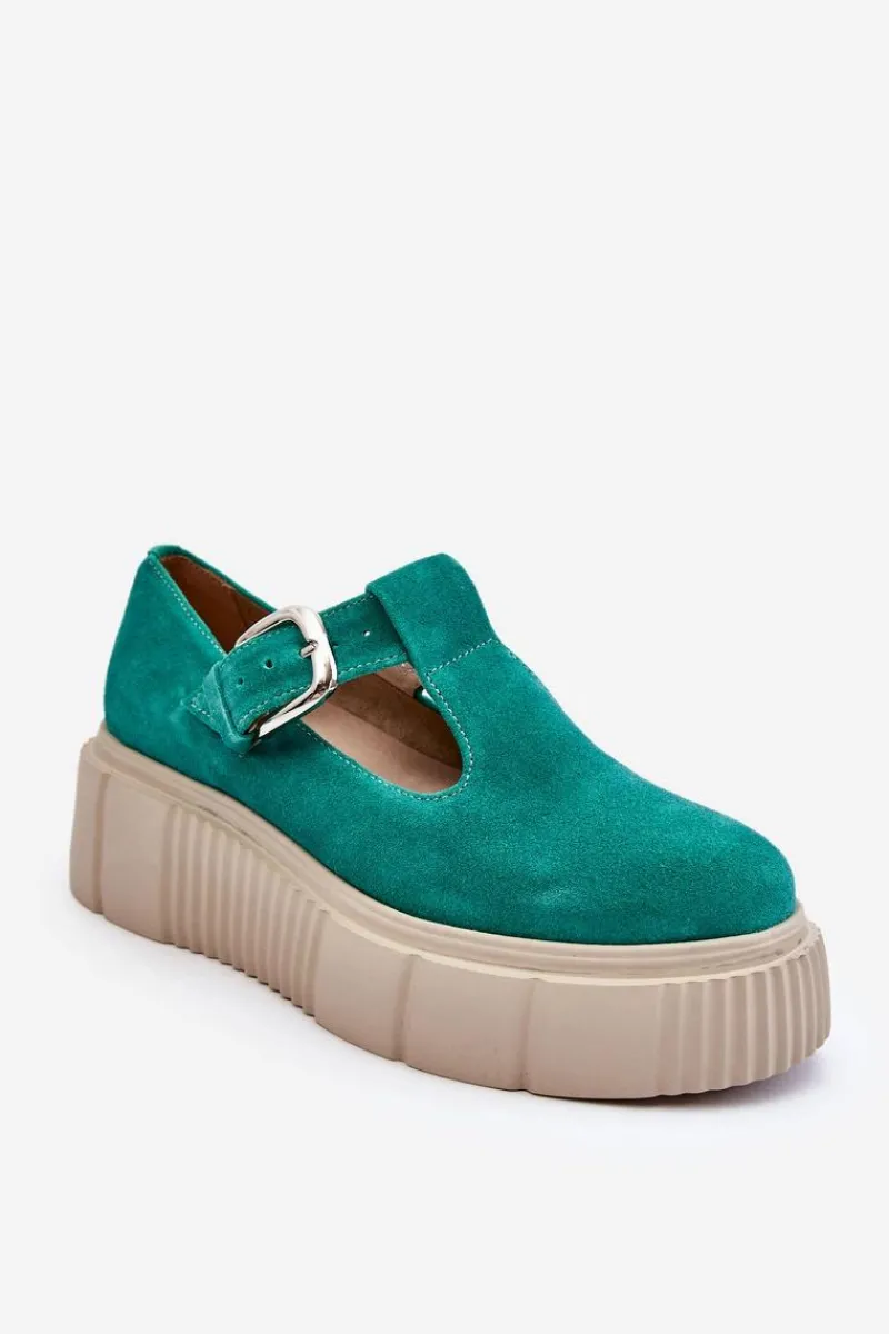 Outlet 20102 Modne Zamszowe Półbuty Na Masywnej Platformie Zielone Damskie Półbuty Lakierowane|Półbuty Skórzane