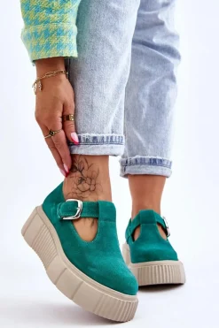 Outlet 20102 Modne Zamszowe Półbuty Na Masywnej Platformie Zielone Damskie Półbuty Lakierowane|Półbuty Skórzane