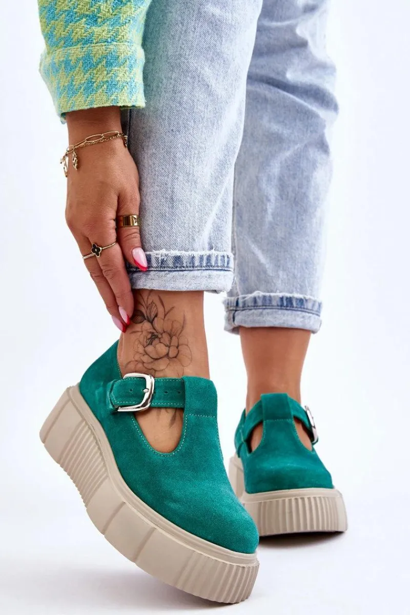 Outlet 20102 Modne Zamszowe Półbuty Na Masywnej Platformie Zielone Damskie Półbuty Lakierowane|Półbuty Skórzane