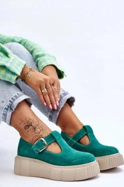 Outlet 20102 Modne Zamszowe Półbuty Na Masywnej Platformie Zielone Damskie Półbuty Lakierowane|Półbuty Skórzane