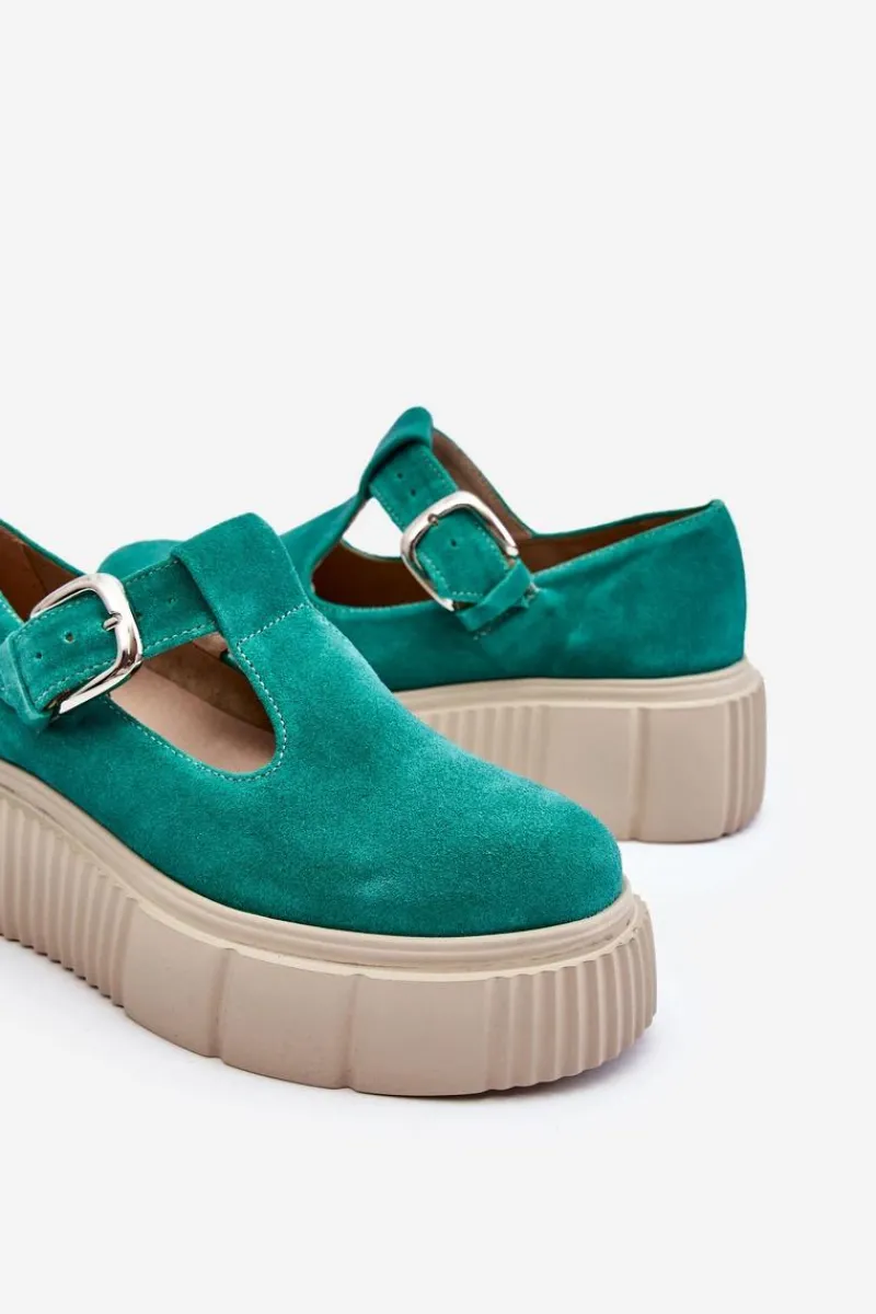 Outlet 20102 Modne Zamszowe Półbuty Na Masywnej Platformie Zielone Damskie Półbuty Lakierowane|Półbuty Skórzane