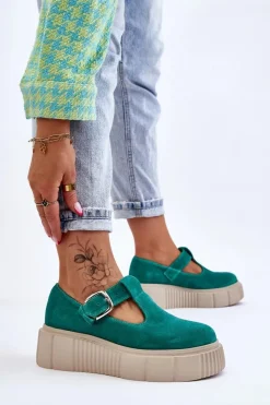 Outlet 20102 Modne Zamszowe Półbuty Na Masywnej Platformie Zielone Damskie Półbuty Lakierowane|Półbuty Skórzane