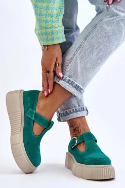Outlet 20102 Modne Zamszowe Półbuty Na Masywnej Platformie Zielone Damskie Półbuty Lakierowane|Półbuty Skórzane