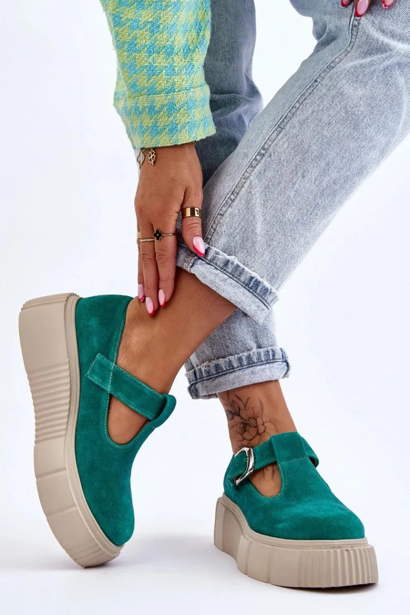 Outlet 20102 Modne Zamszowe Półbuty Na Masywnej Platformie Zielone Damskie Półbuty Lakierowane|Półbuty Skórzane