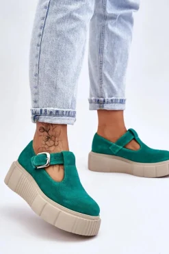 Outlet 20102 Modne Zamszowe Półbuty Na Masywnej Platformie Zielone Damskie Półbuty Lakierowane|Półbuty Skórzane