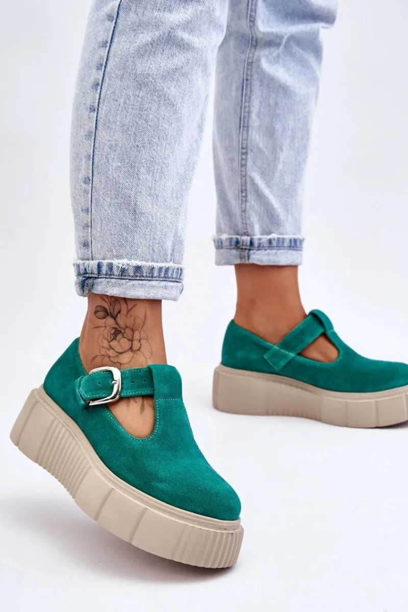 Outlet 20102 Modne Zamszowe Półbuty Na Masywnej Platformie Zielone Damskie Półbuty Lakierowane|Półbuty Skórzane