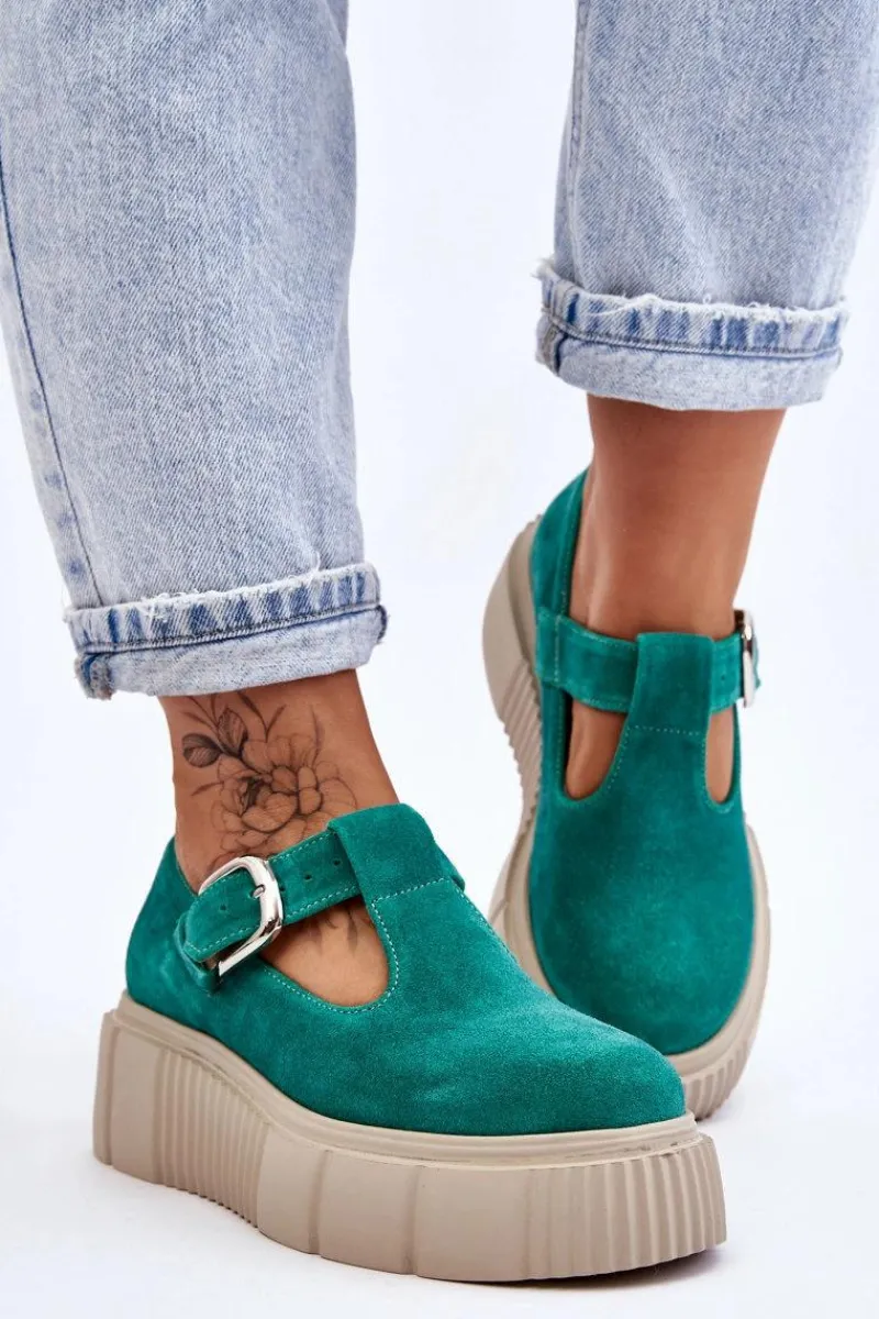 Outlet 20102 Modne Zamszowe Półbuty Na Masywnej Platformie Zielone Damskie Półbuty Lakierowane|Półbuty Skórzane