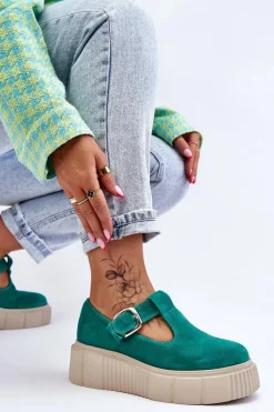 Outlet 20102 Modne Zamszowe Półbuty Na Masywnej Platformie Zielone Damskie Półbuty Lakierowane|Półbuty Skórzane