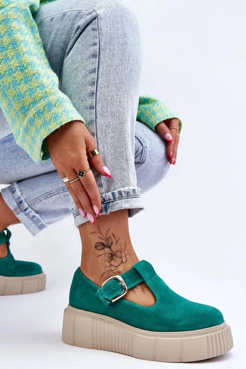 Outlet 20102 Modne Zamszowe Półbuty Na Masywnej Platformie Zielone Damskie Półbuty Lakierowane|Półbuty Skórzane