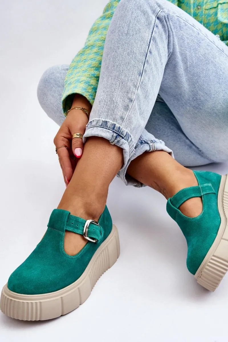 Outlet 20102 Modne Zamszowe Półbuty Na Masywnej Platformie Zielone Damskie Półbuty Lakierowane|Półbuty Skórzane
