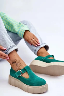 Outlet 20102 Modne Zamszowe Półbuty Na Masywnej Platformie Zielone Damskie Półbuty Lakierowane|Półbuty Skórzane