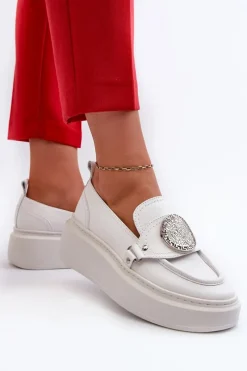 Sale Zazoo 3486 Mokasyny Damskie Skórzane Z Ozdobą Białe