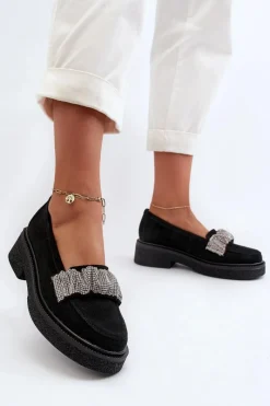 Mokasyny Płaskie|Loafersy Damskie>Zazoo 3419 Mokasyny Damskie Zamszowe Z Ozdobnym Paseczkiem Czarne Czarny