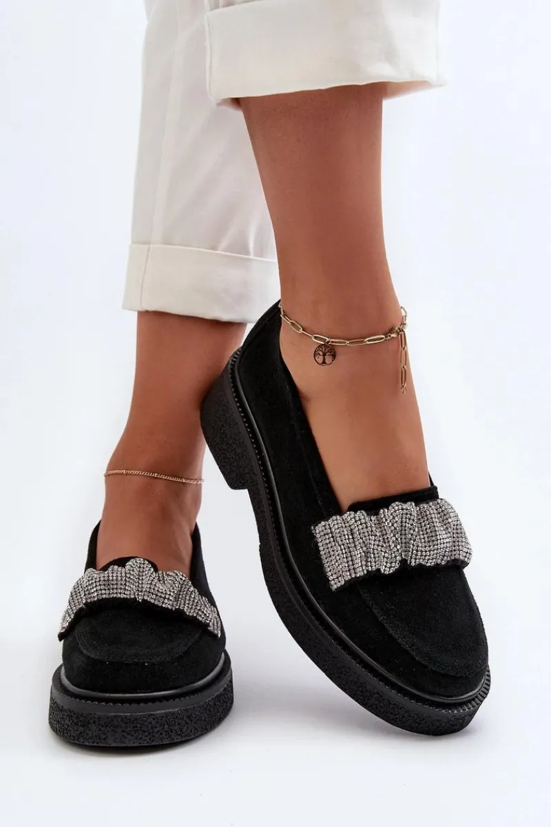 Mokasyny Płaskie|Loafersy Damskie>Zazoo 3419 Mokasyny Damskie Zamszowe Z Ozdobnym Paseczkiem Czarne Czarny