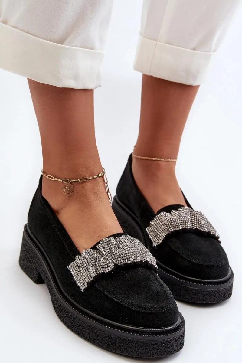 Mokasyny Płaskie|Loafersy Damskie>Zazoo 3419 Mokasyny Damskie Zamszowe Z Ozdobnym Paseczkiem Czarne Czarny