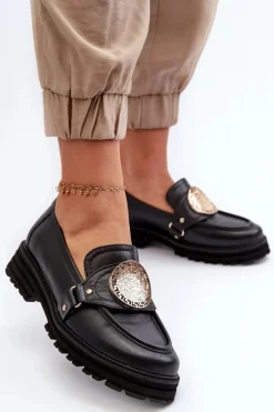 Best 3485 Mokasyny Damskie Ze Złotą Ozdobą Skóra Naturalna Damskie Loafersy Damskie|Mokasyny Płaskie